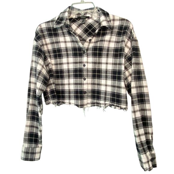 Forever 21 Cropped Plaid flannel Black and White Shirt Top Blouse Small - Picture 3 of 8